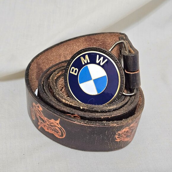 Vintage Leather Belt w/ BMW Motorcycle Pewter Buckle Appx 53" READ - Picture 1 of 9
